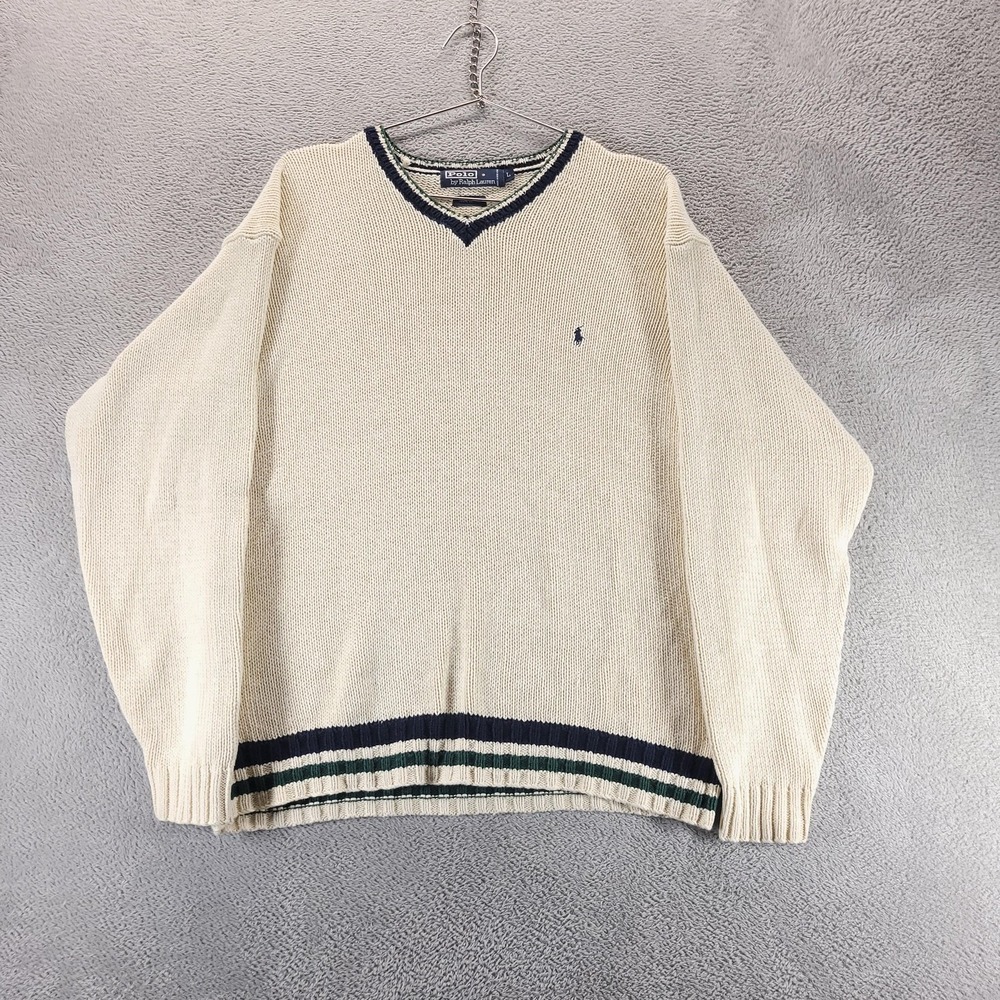 VTG Polo Ralph Lauren Sweater Mens L Beige V Neck Tennis Stripe 90s Preppy